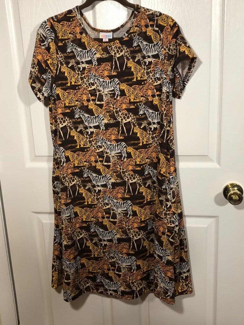 LuLaroe brown and orange safari dress, short sleeves, slip in,M